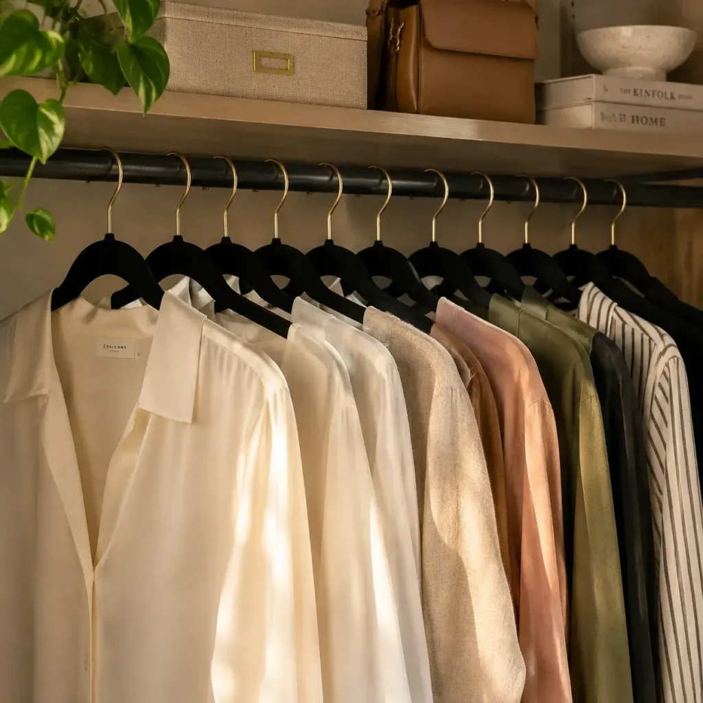 Neat row of shirts and blouses hanging on matching slim black velvet hangers.