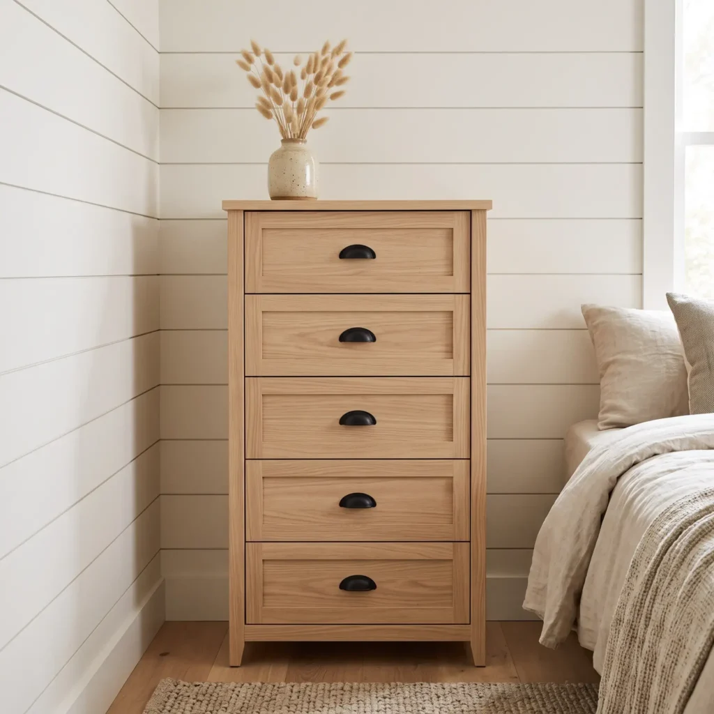Tall and narrow five drawer modern farmhouse highboy dresser in natural wood set against a white wall.