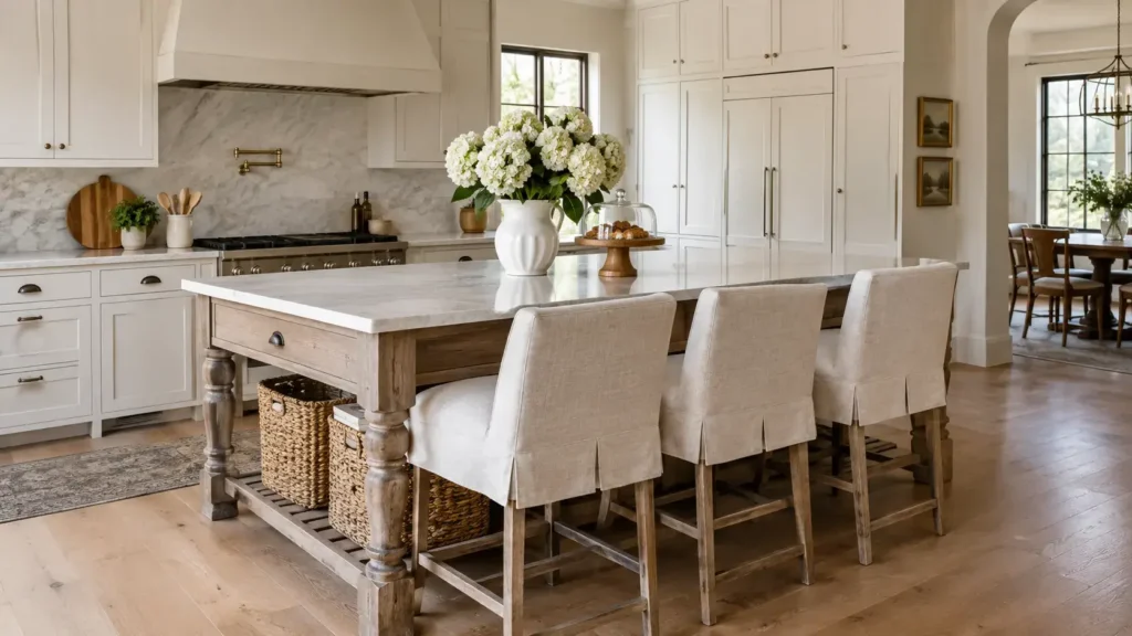 Three oatmeal linen slipcovered counter stools tucked under a freestanding wooden kitchen island with white hydrangeas.