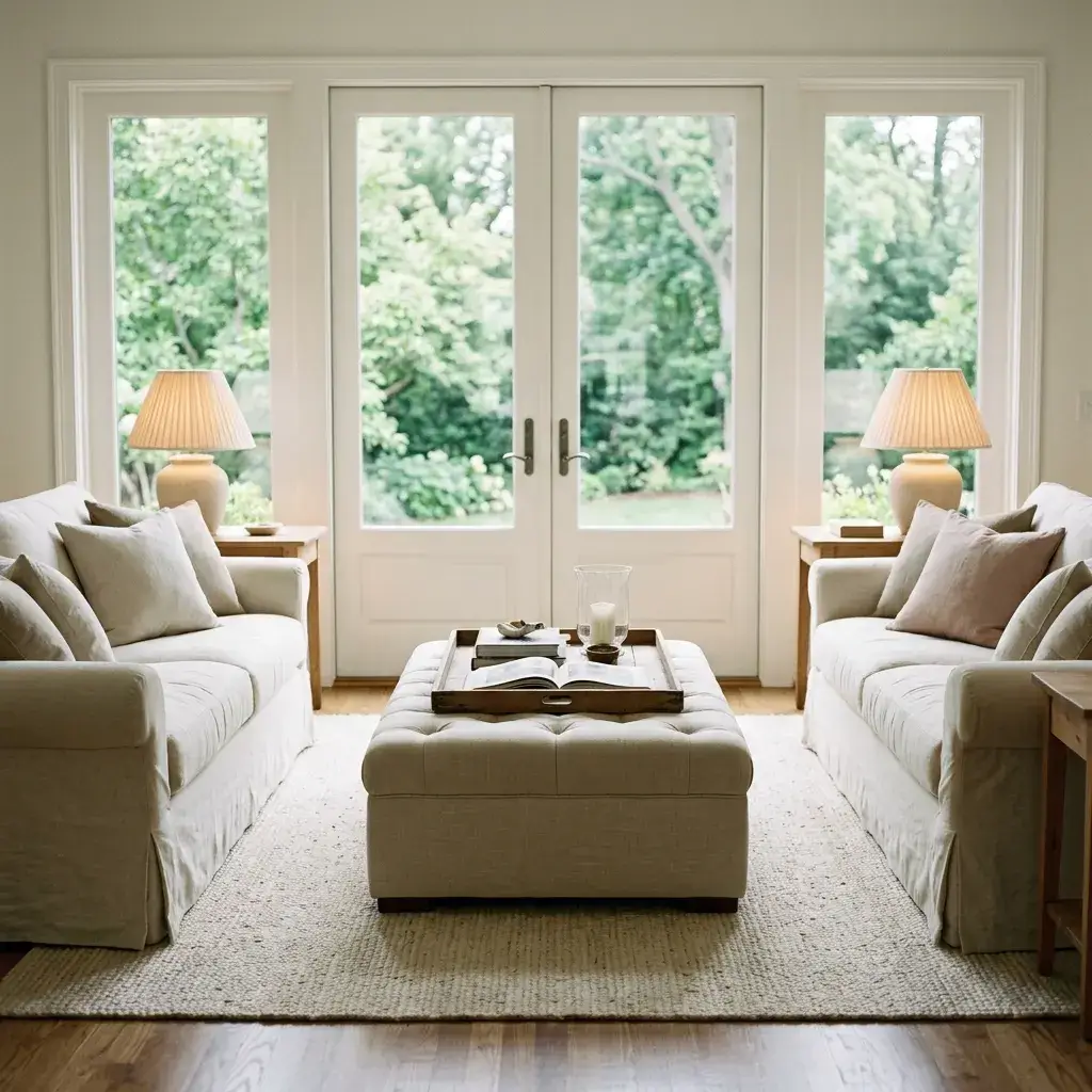 Conversational living room with cream slipcovered sofas, jute rug, and warm table lamps.