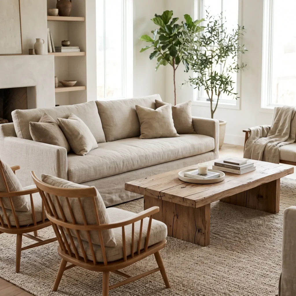 Neutral oatmeal linen slipcover sofa paired with a thick reclaimed oak coffee table on an area rug.