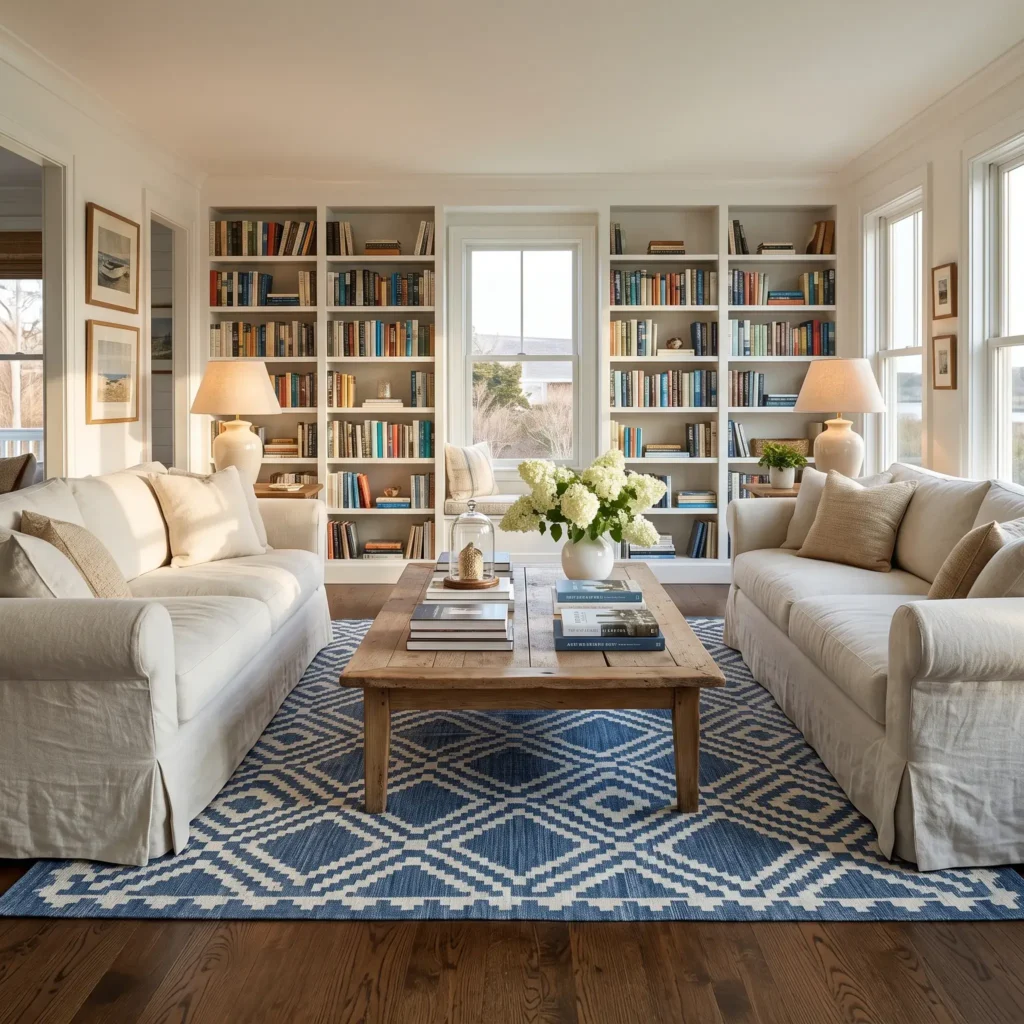 Classic living room with facing white slipcovered linen sofas, antique blue flatweave rug, and floor-to-ceiling built-in bookshelves.