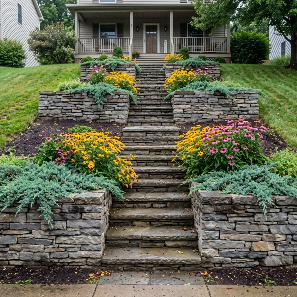 Sloped front yard converted into two stone retaining wall terraces planted with creeping juniper, coneflowers, and black-eyed Susans.