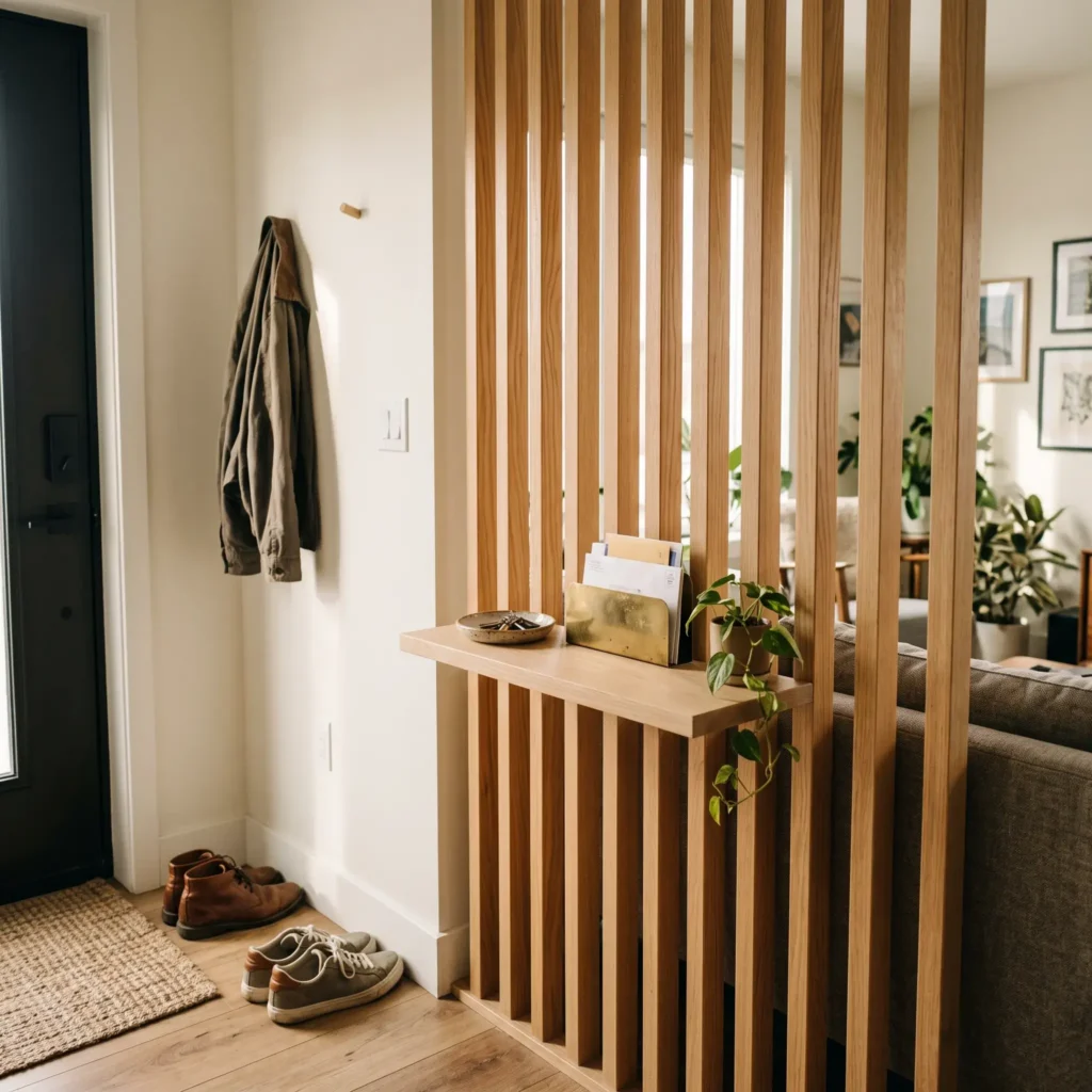 Compact entryway featuring an oak vertical slat divider partition with a shallow floating key console.