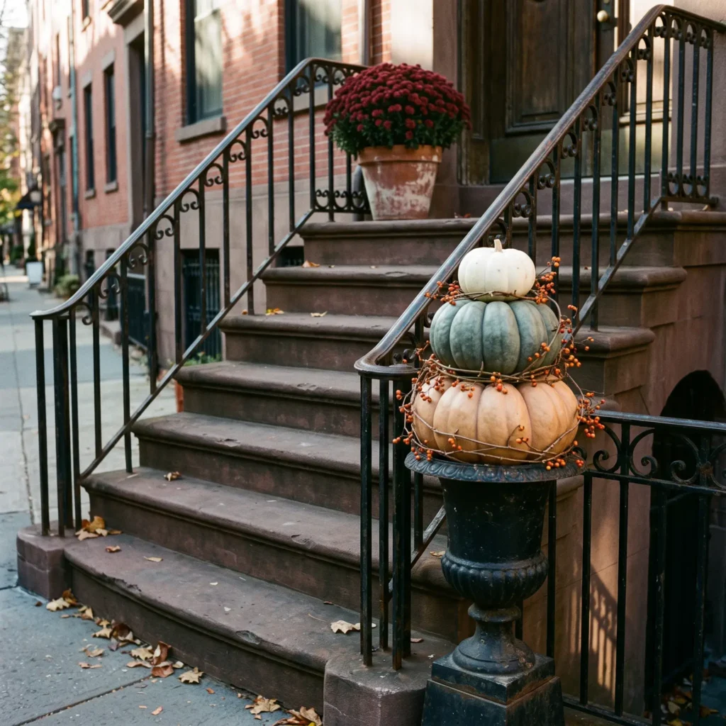 Small urban front stoop featuring a vertical stacked pumpkin topiary inside a black iron urn.