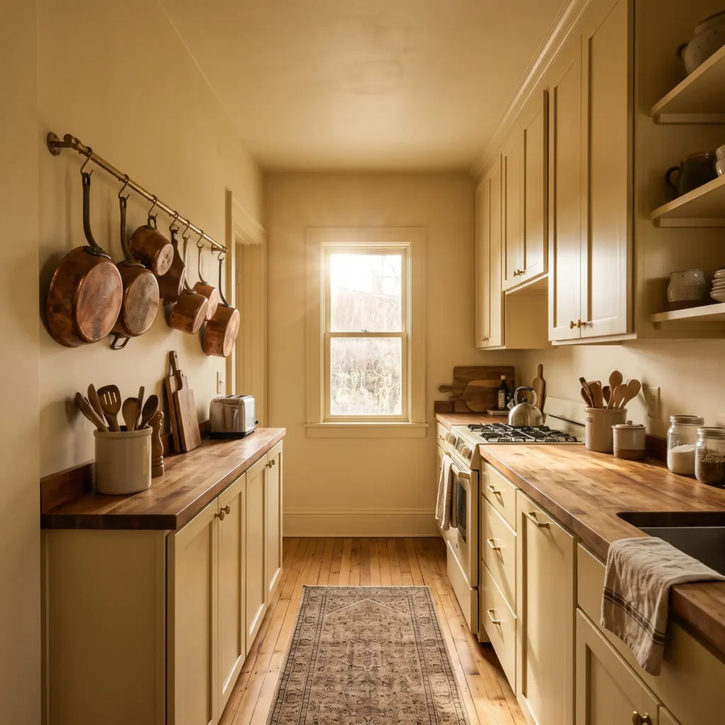 Small galley kitchen with walls, trim, and shaker cabinets painted in the same uniform pale butter yellow color.