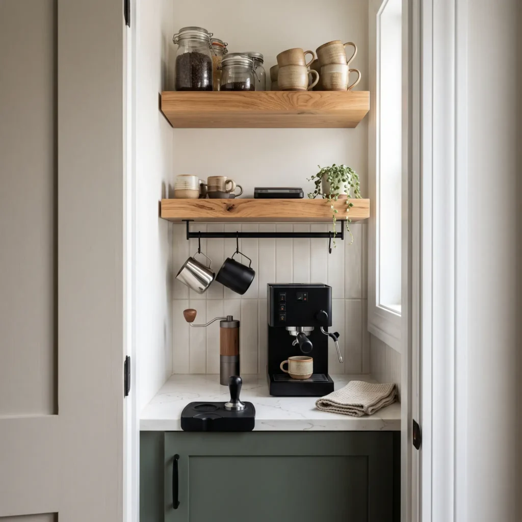 Compact twenty-four inch kitchen coffee nook with vertical open shelves and wall mounted accessory rails.
