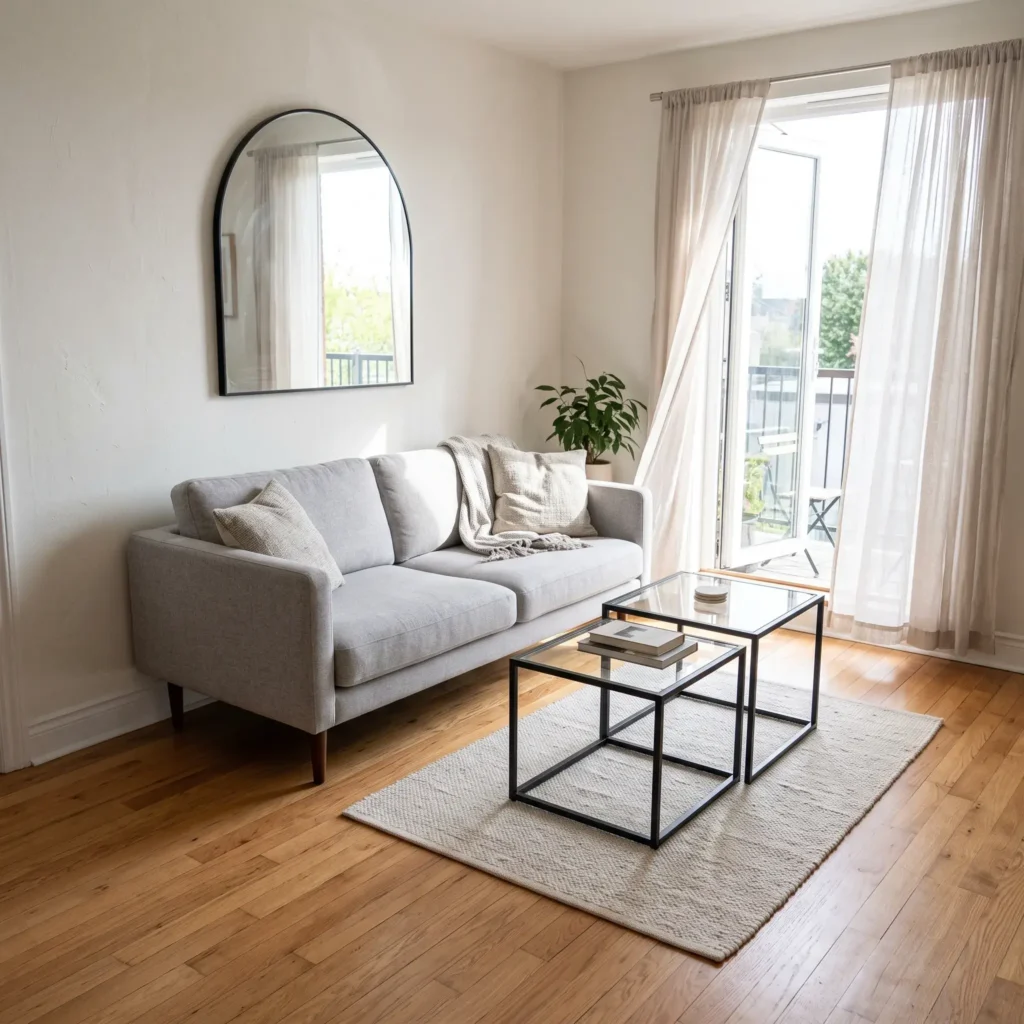 Small apartment living room with leg elevated gray loveseat, glass coffee table, and large wall mirror.