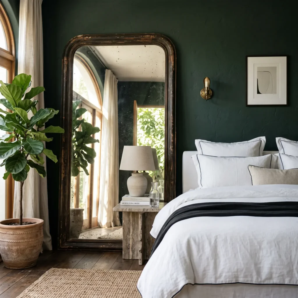 Small dark green bedroom with an oversized leaning gold mirror reflecting window light, accompanied by indoor houseplants.