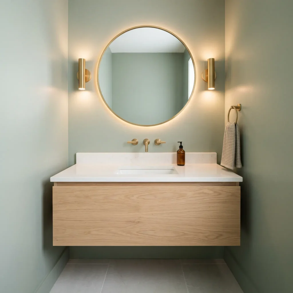 Small powder room with soft sage walls, floating oak vanity, and round brass mirror.