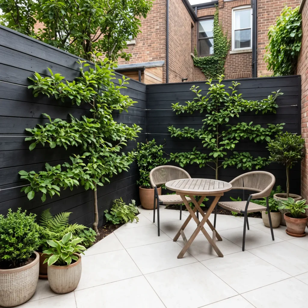 Narrow townhouse backyard featuring a matte black privacy fence, espalier trees, and diagonal porcelain pavers.