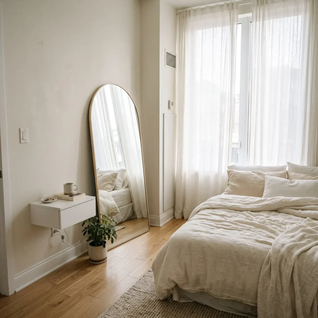 Compact bright white bedroom with ceiling-height sheer linen curtains and an arched full-length floor mirror reflecting natural light.