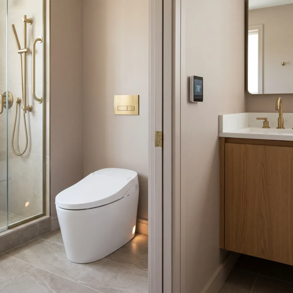  Modern bathroom corner featuring a tankless smart bidet toilet with a soft blue bowl nightlight, a digital radiant floor heating wall thermostat, and textured non-slip porcelain floor tiles.
