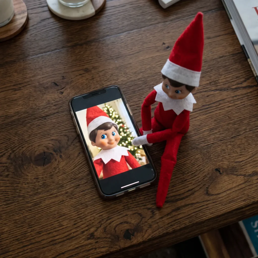 Smartphone lying on a living room table showing a selfie of the scout elf on its screen.