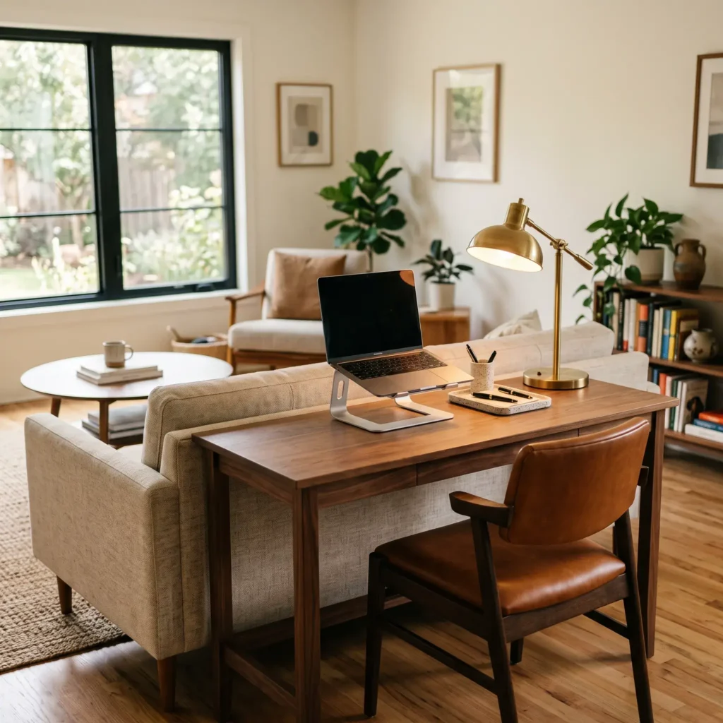 Narrow home office desk placed behind a living room sofa in an open-concept apartment.