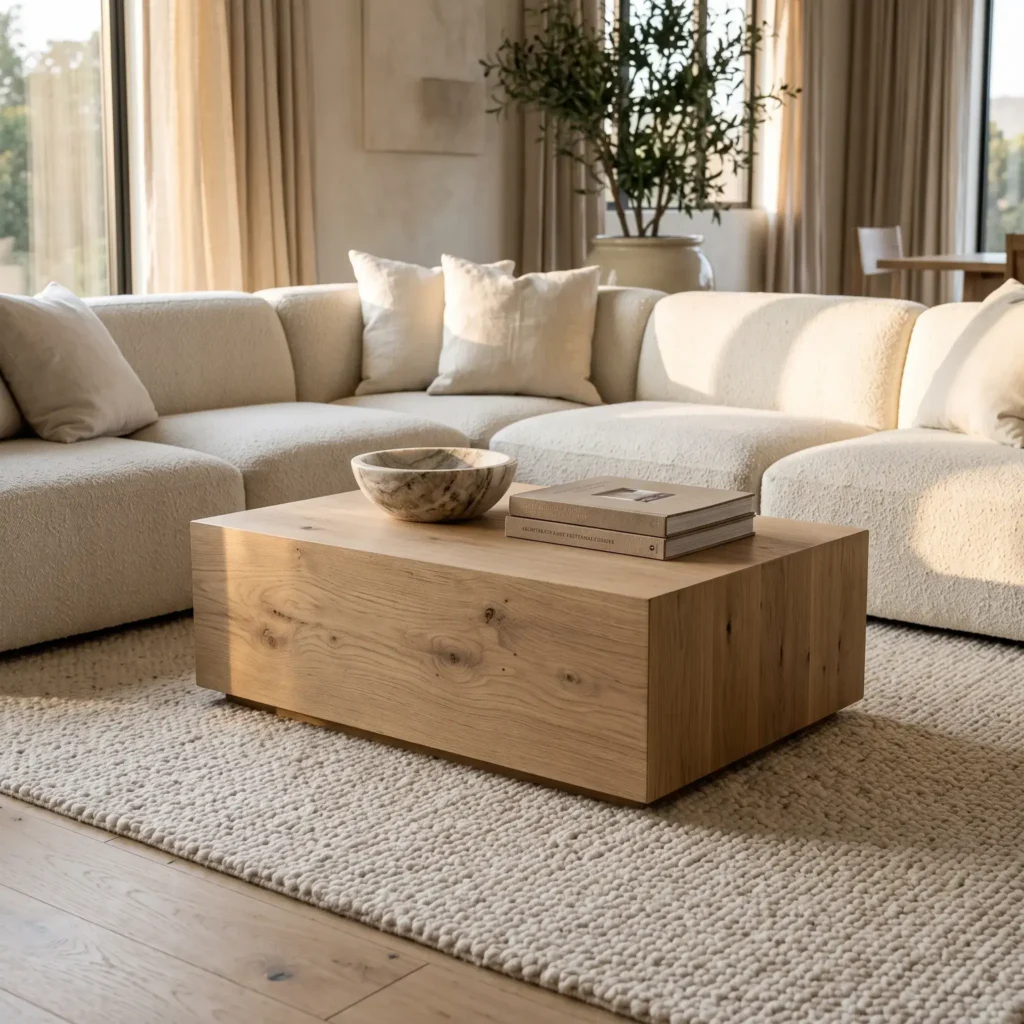 Monolithic wire-brushed white oak plinth coffee table in a modern rustic living room with a bouclé sofa.