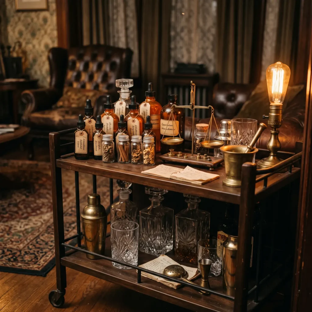 Vintage bar cart decorated with amber apothecary bottles, brass scales, and warm Edison bulb lighting.