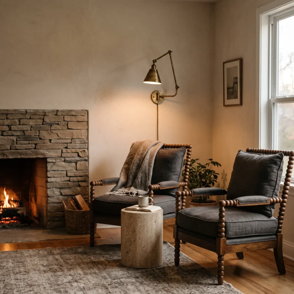 Living room corner seating nook with two spindle chairs, a stone fireplace, and a travertine side table.