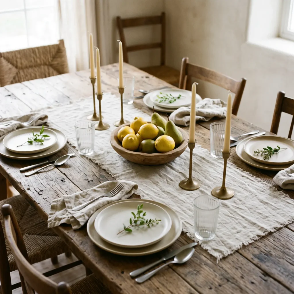 Dining table styled with an unpressed linen runner, shallow wood bowl with citrus, and brass taper candles.