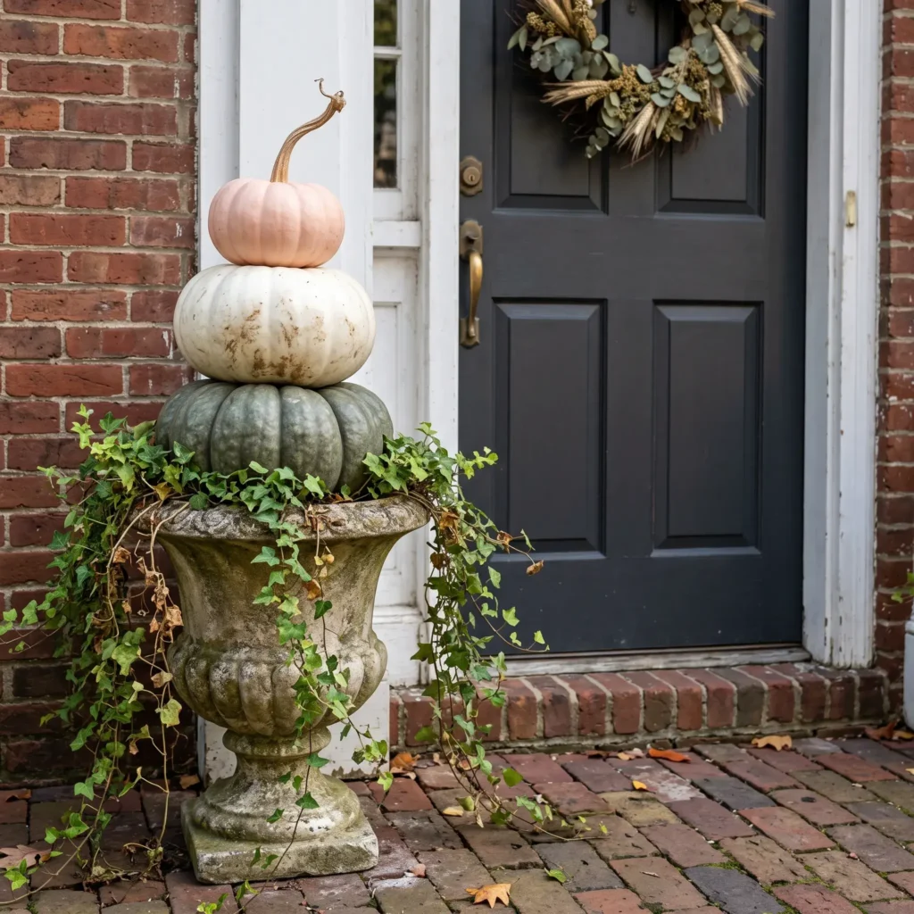 Front porch urn planter holding a vertical stack of green, white, and blush heirloom pumpkins.