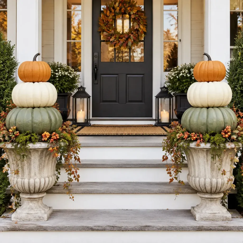 Symmetrical stacked pumpkin topiaries in stone urns flanking a clean front porch doorway.