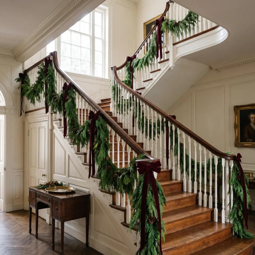 Fresh cedar garland draped in rhythmic swags along a classic staircase banister tied with deep claret velvet bows.