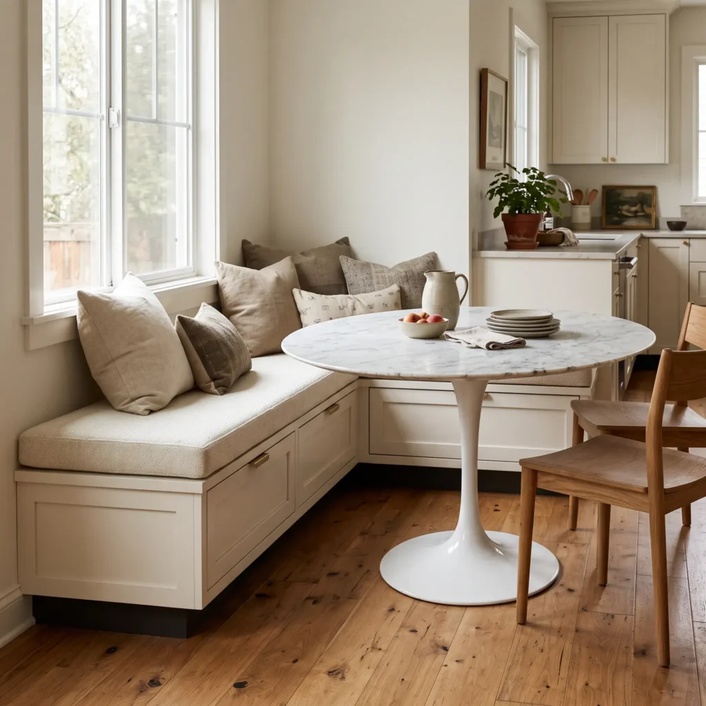 Storage banquette bench built from modified low kitchen cabinets with brass drawer pulls and a recessed toe-kick.