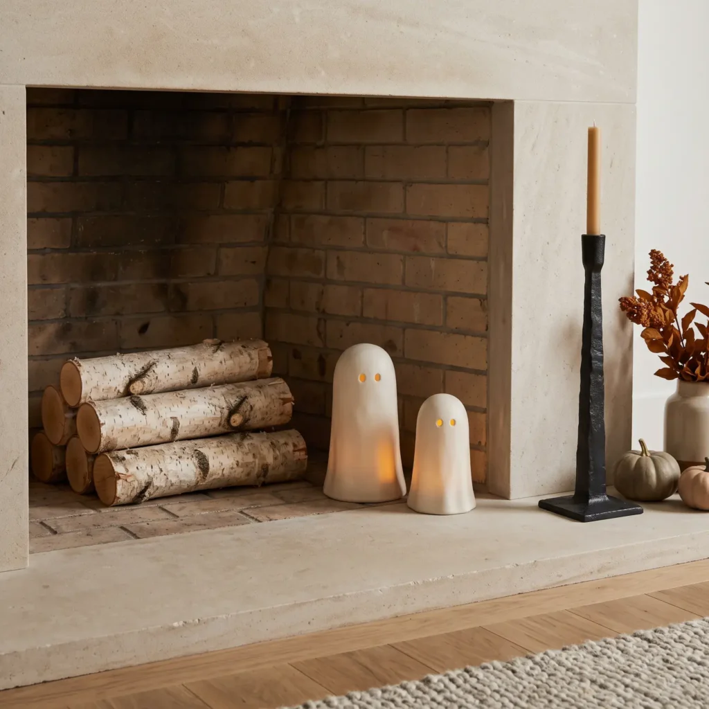 Fireplace hearth styled with reactive glaze ceramic ghost lanterns, white birch logs, and black iron candle stands.