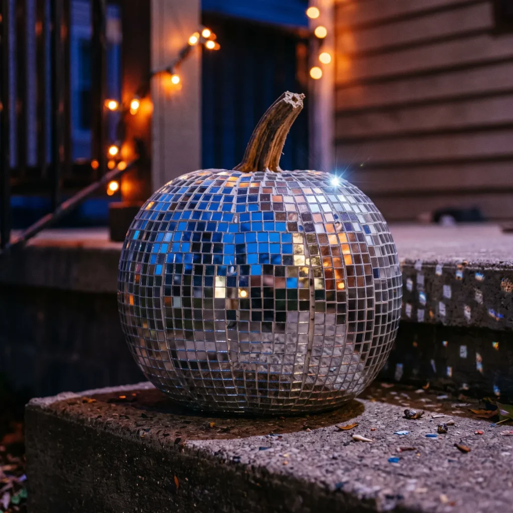 Disco-style pumpkin covered in tiny square glass mirror tiles reflecting evening lights on a porch.
