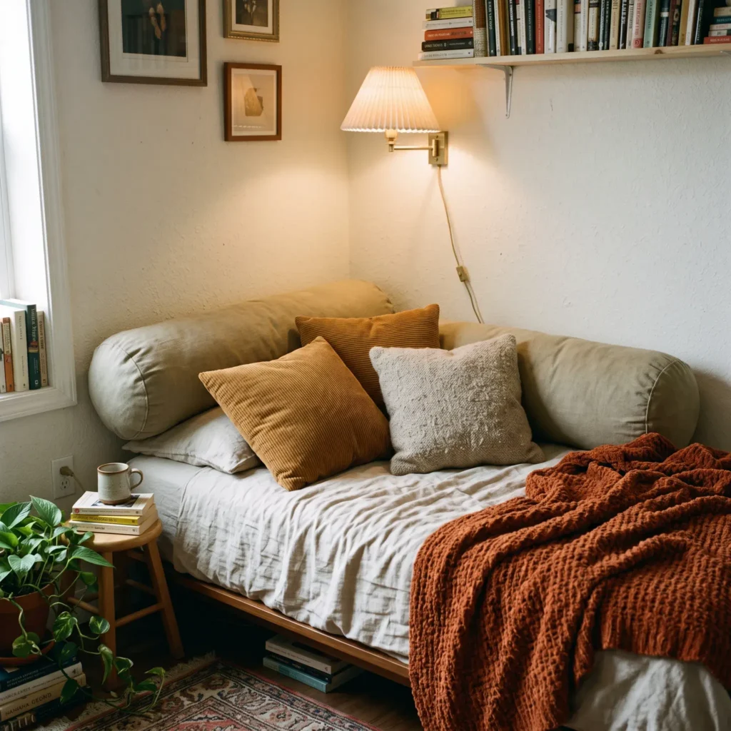 Corner daybed reading nook with a twin mattress, heavy linen back bolsters, and a warm chenille throw blanket.