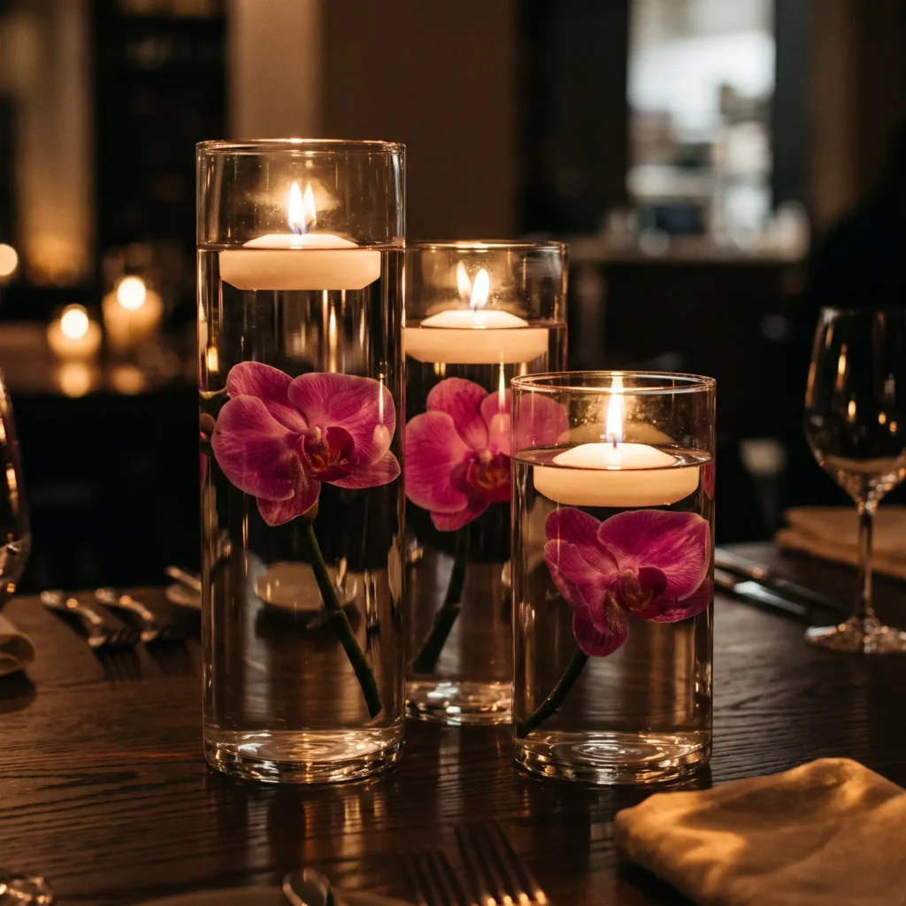 Three glass cylinders of staggered heights filled with distilled water, submerged purple orchids, and lit floating candles.