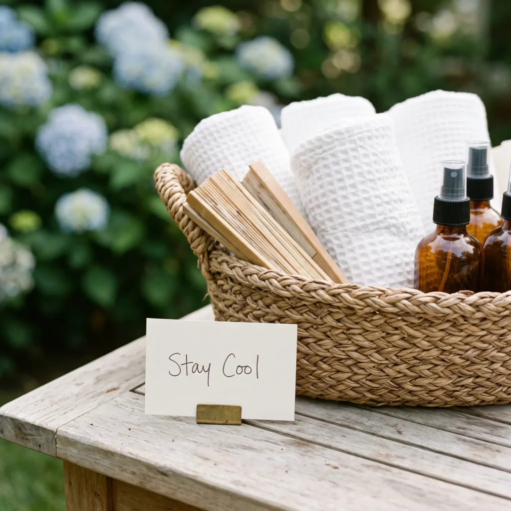 Woven basket stocked with chilled rolled towels, wood hand fans, and sunscreen bottles on a patio table.
