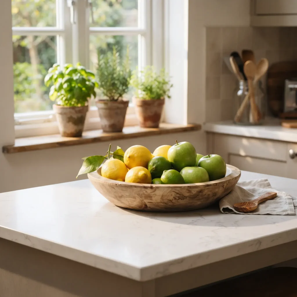 Kitchen counter decor featuring a wooden bowl with lemons and limes beside potted windowsill herbs.