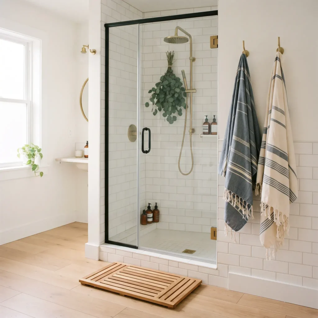 Bathroom styled with hanging Turkish towels, a slatted teak bath mat, and fresh eucalyptus in the shower.