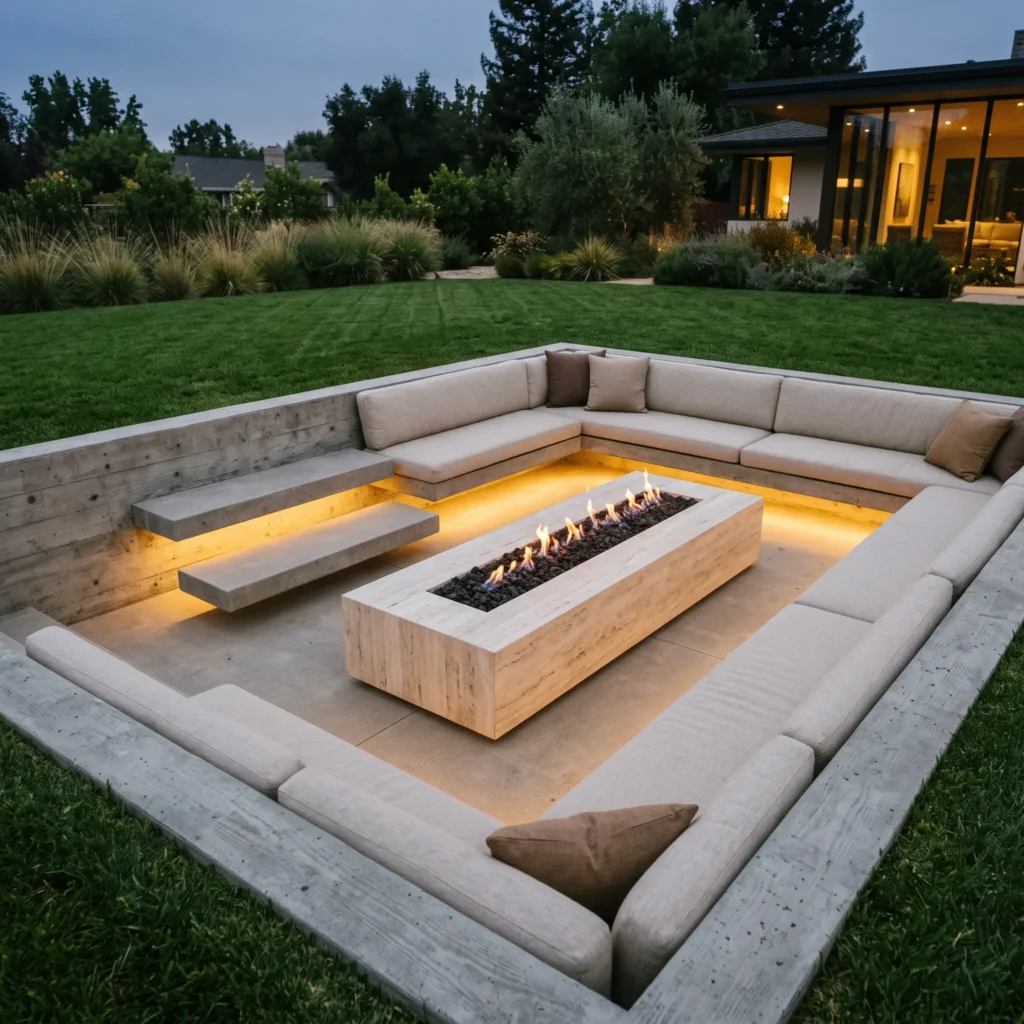 Modern sunken patio lounge with built-in concrete seating, a natural gas fire table, and integrated step lighting.
