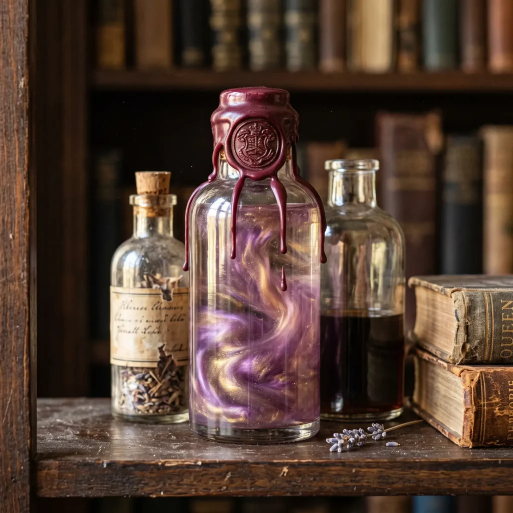  Glass apothecary potion bottle filled with shimmering purple and gold swirling mica fluid sealed with wax.