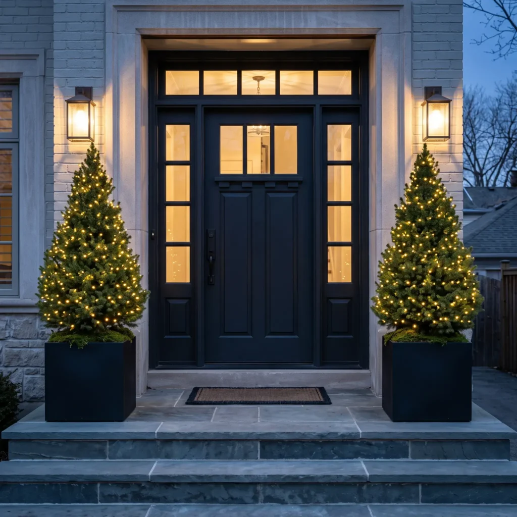 Pair of four-foot dwarf Alberta spruce trees in black square planters flanking a front door, wrapped in warm micro-dot lights.