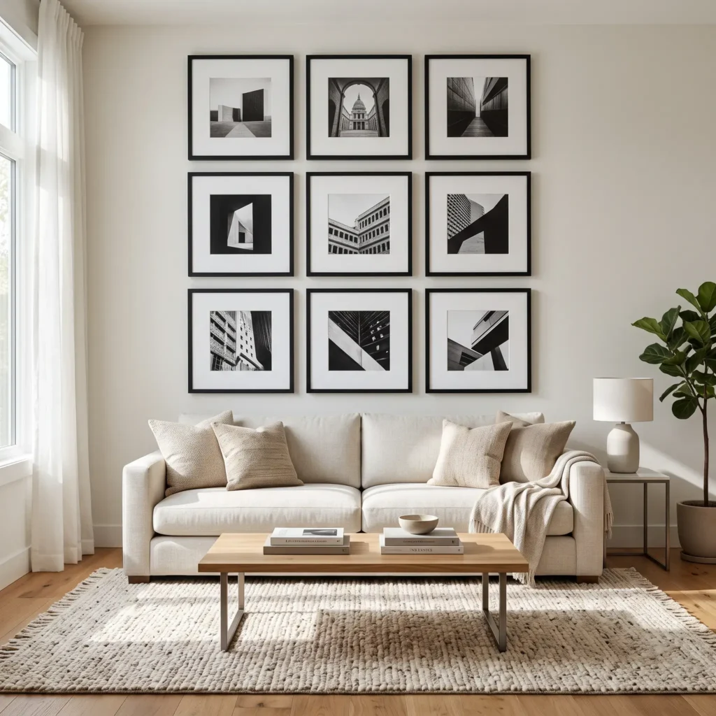 Symmetrical nine-frame grid gallery wall with black frames and white mats above a neutral sofa.