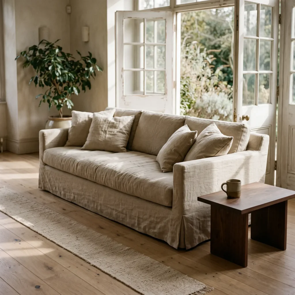 Tailored box pleat sofa in natural Belgian linen sitting on light white oak floors in a bright living room.