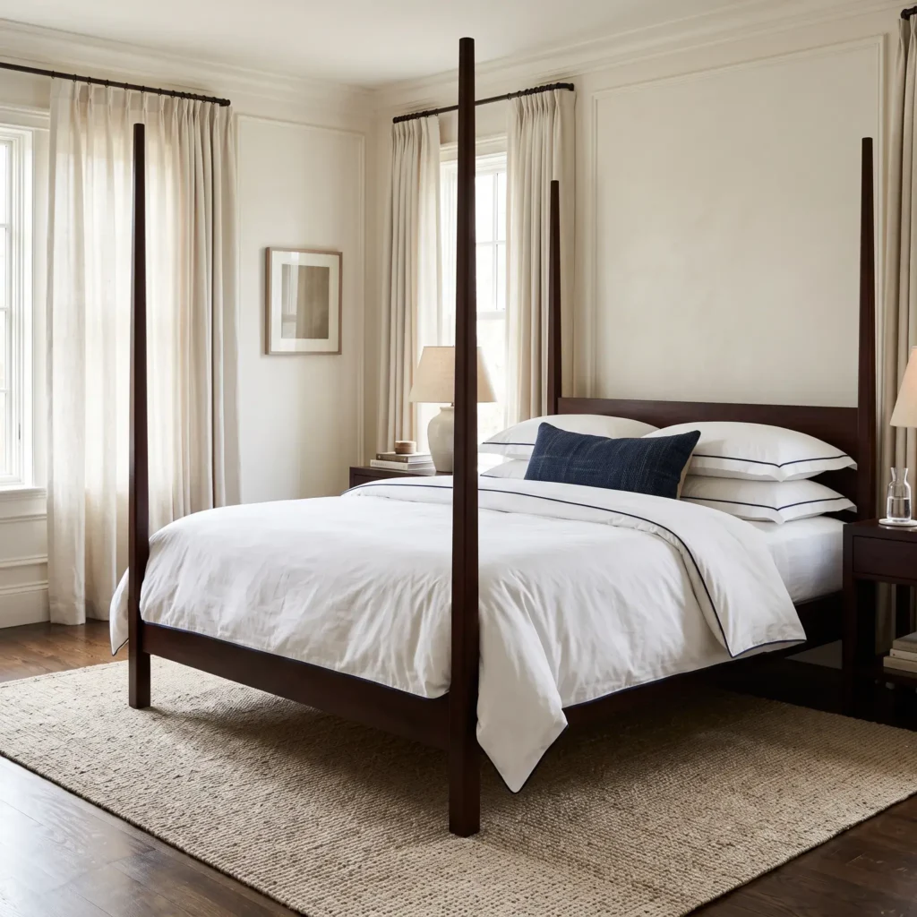 Tailored Ralph Lauren style bed with crisp white cotton percale sheets, navy tuxedo piping, and a dark mahogany bed frame.