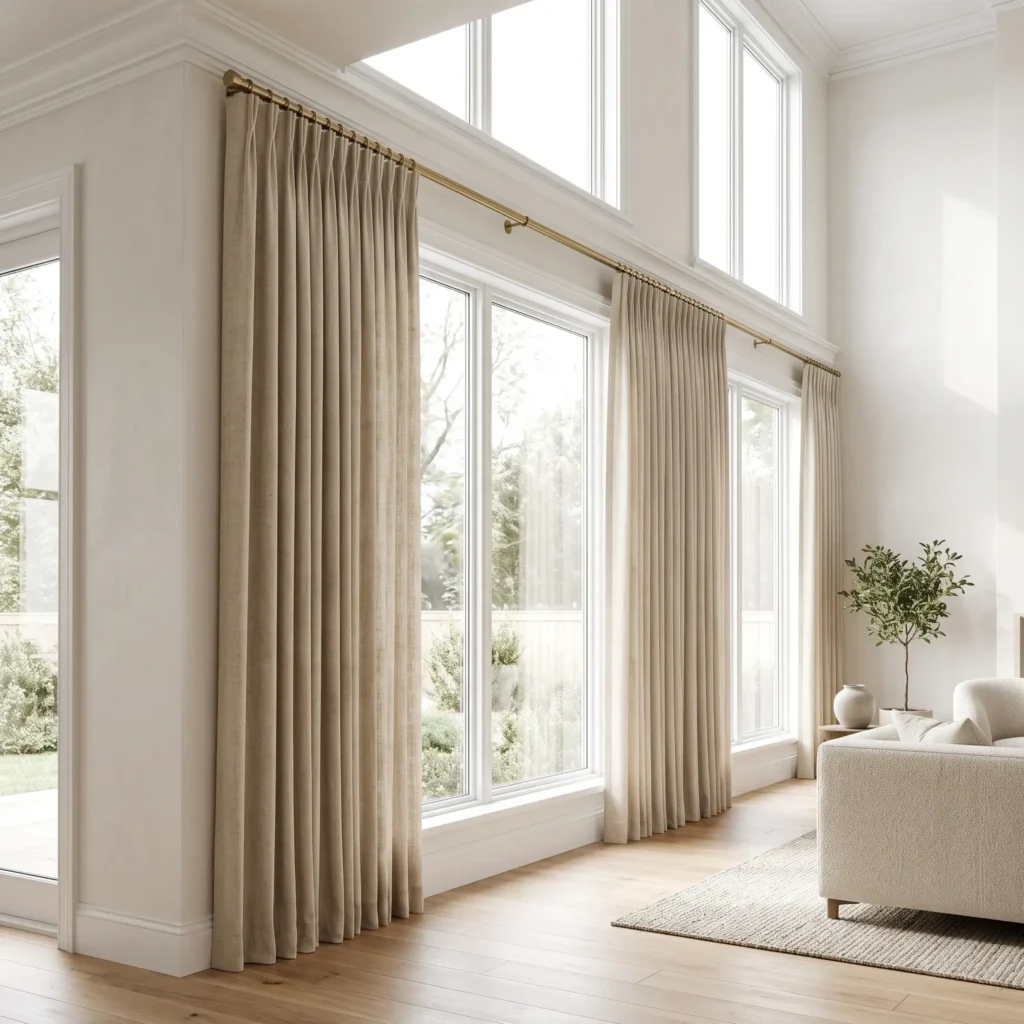 Warm beige linen Euro pleat curtains hanging high and wide on a brass rod in a bright living room.