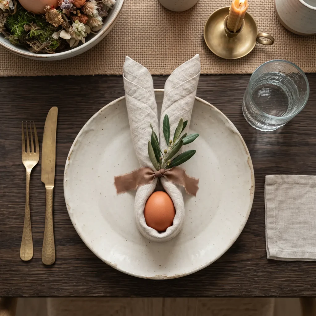 Neutral oatmeal linen napkin folded around a natural egg with velvet ribbon and an olive branch on a stoneware dinner plate.