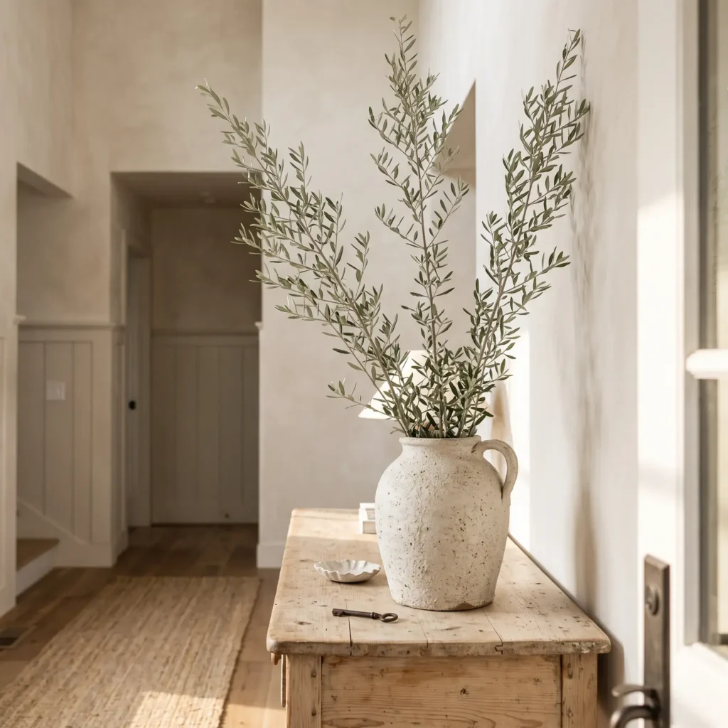 Large off-white ceramic jug holding tall leafy olive branches on an antique pine table in an entryway.