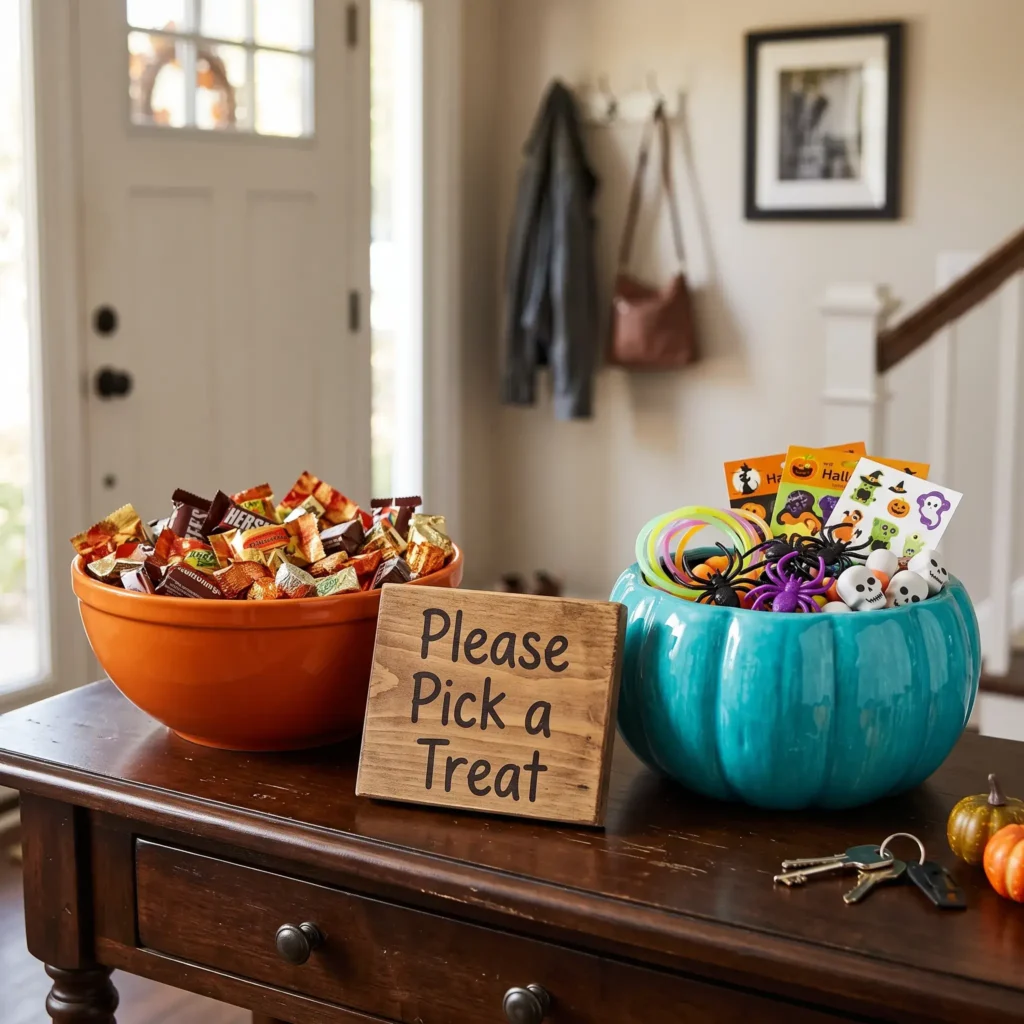 Teal pumpkin bowl filled with non-food Halloween party prizes next to an orange candy bowl