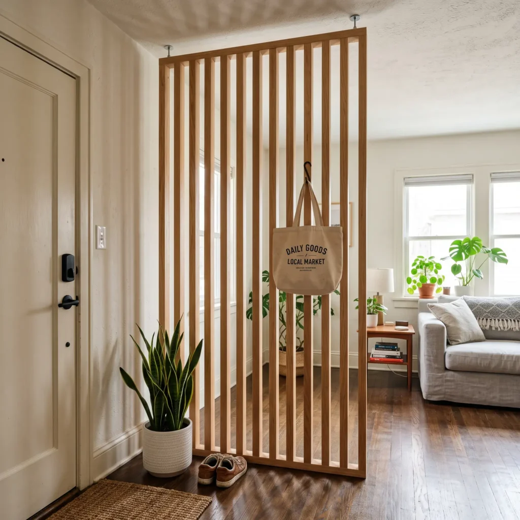 Floor-to-ceiling oak slat room divider screening an apartment doorway from the main living area.