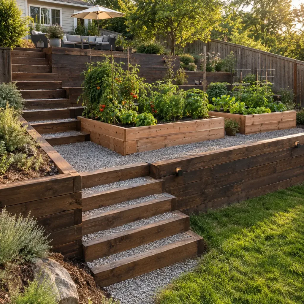 Two-tiered horizontal timber retaining walls creating level garden terraces on a steep slope.