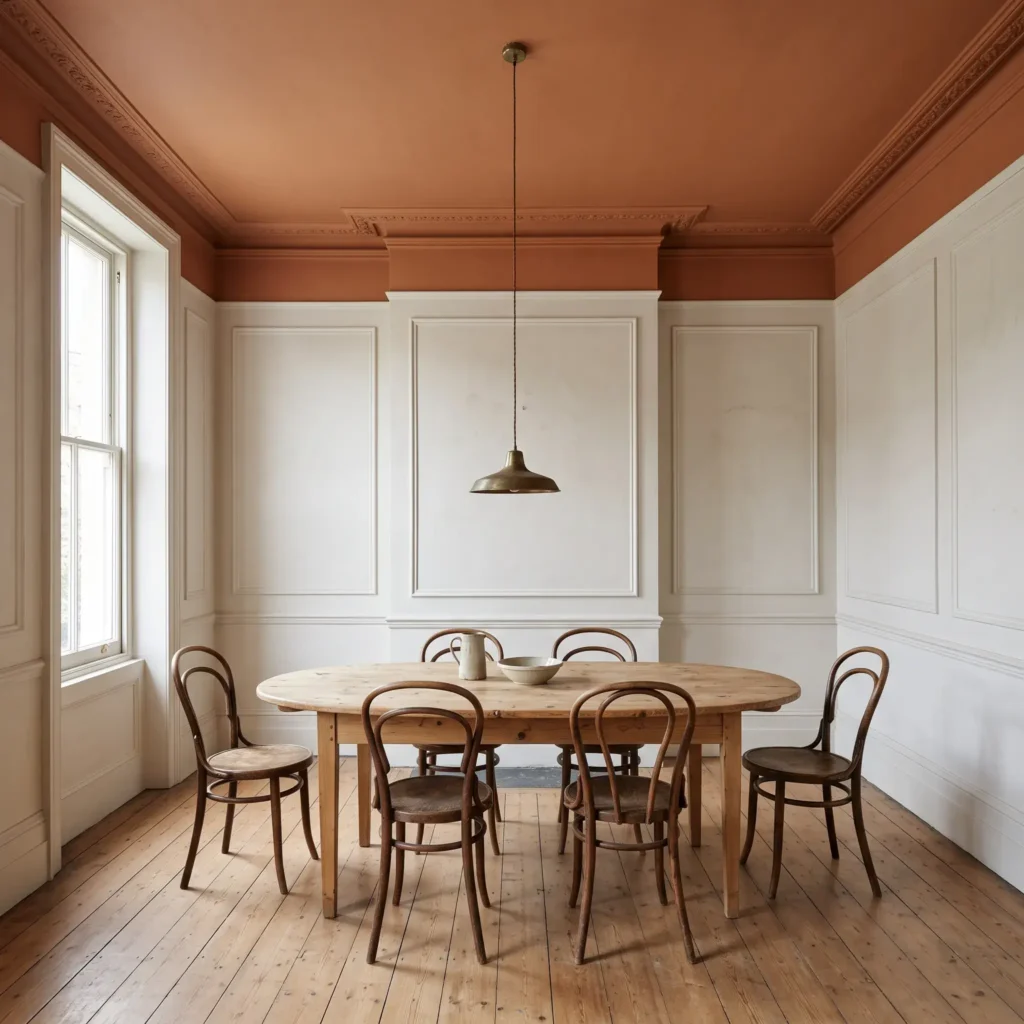 Dining room featuring a sun-baked terracotta painted ceiling with off-white walls and an oval pine dining table.