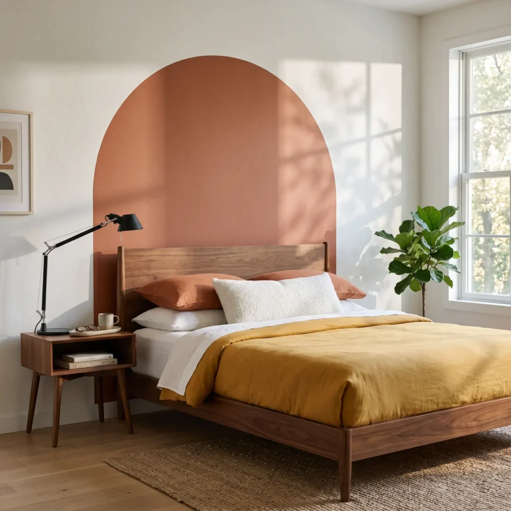 Terracotta painted-arch wall decal behind a queen platform bed creating a faux headboard.