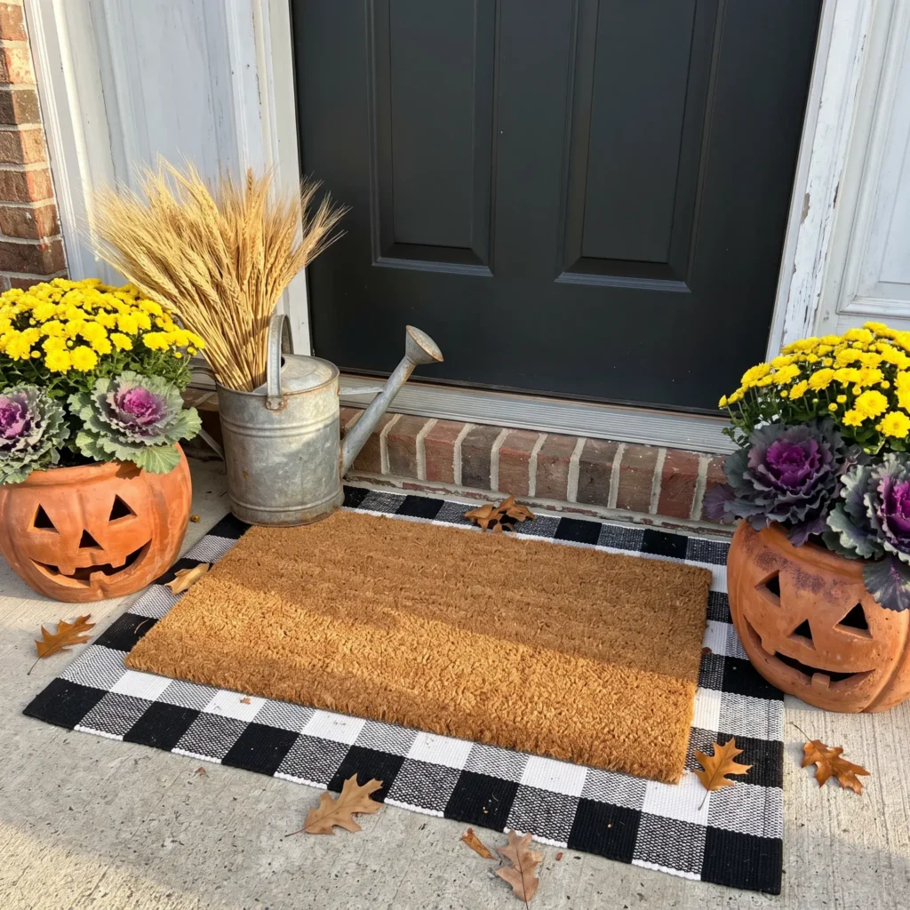 Layered buffalo plaid outdoor rug with a coir doormat and terracotta pumpkin planters on a front stoop.