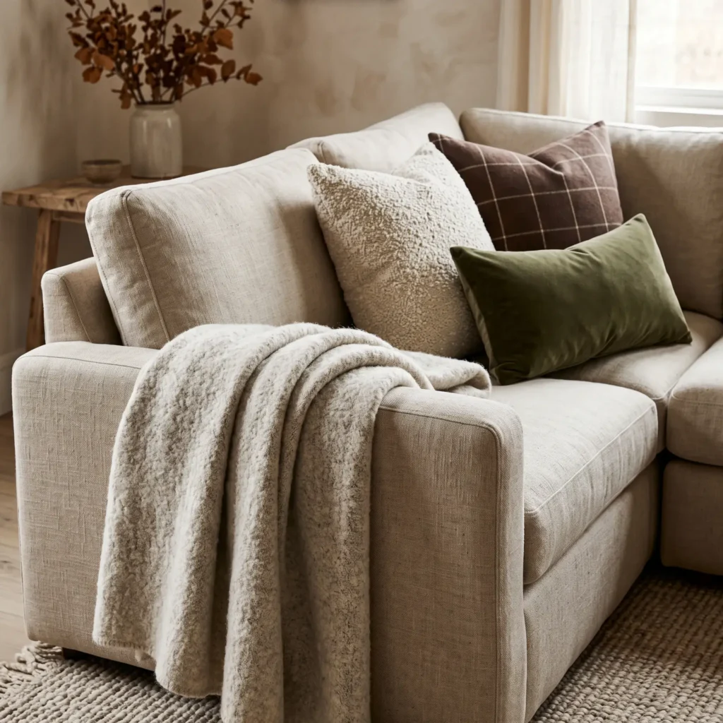 Neutral living room sofa layered with cream bouclé cushions, a windowpane check pillow, and an olive velvet lumbar pillow for fall.